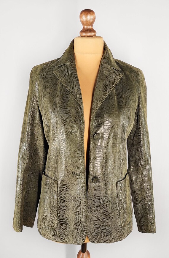 Vintage leather women's blazer, green snakeskin l… - image 2