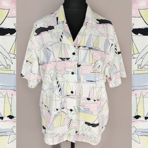 Vintage pastel holiday shirt, short sleeve cotton blouse, oversized women&#39;s 70s shirt