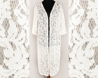 Long cream white lace cardigan, long sheer beach cover-up, see-through summer robe, bohemian women's jacket
