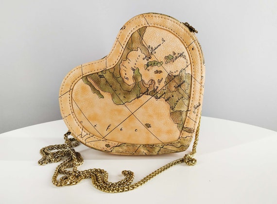 Small vintage heart shaped bag in map print
