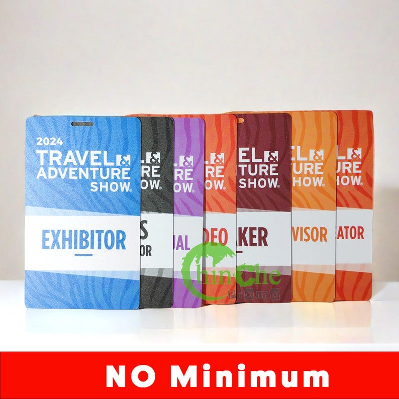 Może przedstawiać: Rząd siedmiu kolorowych odznak z wzorem zebry. Odznaki są na Travel & Adventure Show 2024. Tekst na odznakach brzmi "Travel & Adventure Show", "Exhibitor", "Sponsor", "National", "Video", "Speaker", "Advisor" i "Curator".
