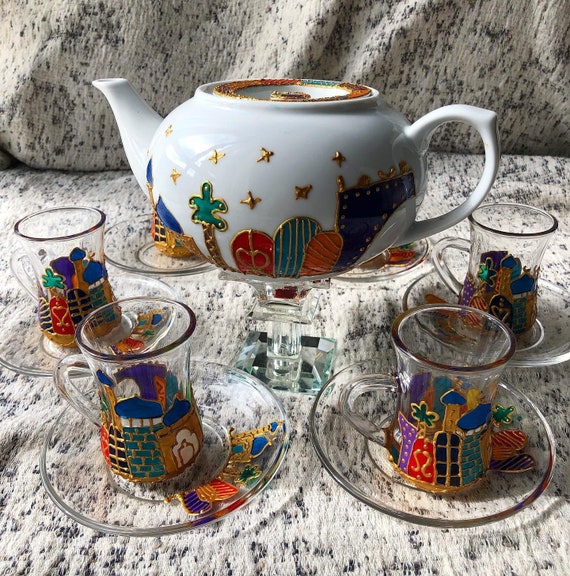 Vintage Turkish Coffee Pot Set, Turkish Teapot with Tray and 6 Tea Glasses,  Turkish Coffee Cups Set Metal, Turkish Tea Glasses Set Coffee Pot Moroccan