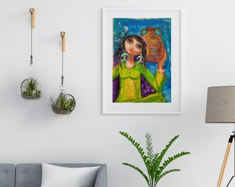 Middle Eastern Woman Acrylic Painting: Tribal Art on A3 Canvas