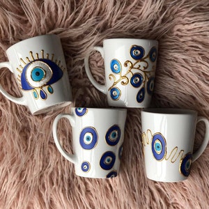 Evil Eye Design Personalized Mug/ Hand painted Evil eye mugs/ Nazar eye protection mugs/ Evil eye design homeware/ Turkey and Greece