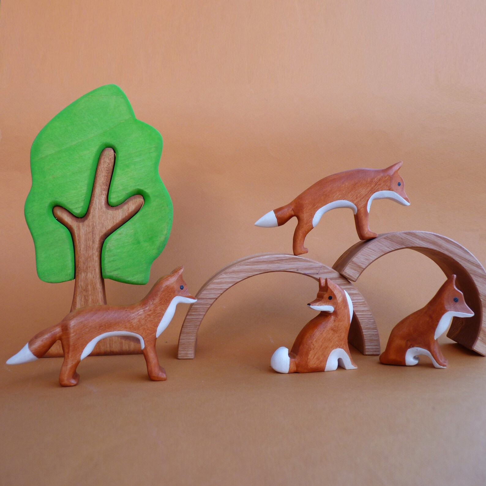 Wooden fox set 4 pcs Fox figurine Wooden animal play set Etsy
