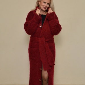 Long Mohair Cardigan, Hand Knit wool cardigan, Knit Turtleneck Coat, Pockets and double cuffs, chunky long coat, buttoned long coat