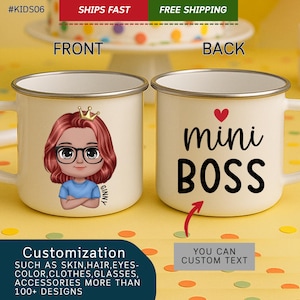 Personalized Kids Mug – Custom Mini Boss Enamel Cup, Hot Chocolate or Coffee Mug Gift for Girls and Boys
