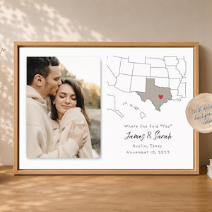 May include: A framed print featuring a photograph of a couple on the left and a map of the United States on the right. Texas is highlighted in gray with a red heart. Text reads: Where She Said Yes, James & Sarah, Austin, Texas, November 10, 2023.