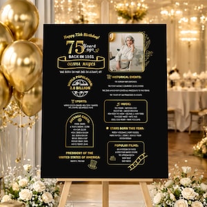 May include: A black sign on an easel celebrating a 75th birthday. The sign includes the text "Happy 75th Birthday!" and "Olivia Hayes." Gold balloons and floral arrangements frame the sign. The sign also includes a photo.
