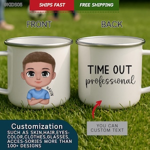 Personalized Kids Mug – Custom Enamel Cup, Time Out Professional Design, Cute Hot Chocolate Gift for Boys and Girls