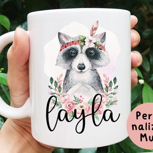 Raccoon Mug, Raccoon Gifts for Raccoon Lovers, Personalized Woodland Animal Coffee Cup for Women & Girls, Cute Raccoon Themed Birthday