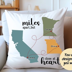 Miles Apart But Close At Heart, Personalized Throw Pillow Home, Long Distance Pillow, Custom Pillow with Name, Personalized State Pillow