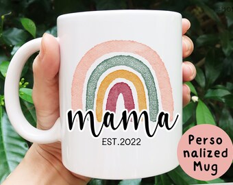 Mama coffee mug with cute watercolour rainbow printed on both sides. Cute and thoughtful Mothers Day or Birthday gift for your beloved mom.