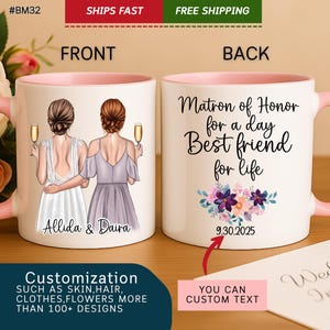 Personalized Matron of Honor Mug, Bridesmaid Gift, Wedding Day Gift for Best Friend, Custom Name Hair Dress, Bridal Party Coffee Cup