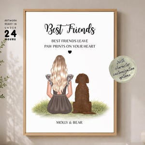 May include: A framed wall art print featuring a blonde person and a brown dog sitting together on green grass. The text reads Best Friends, BEST FRIENDS LEAVE PAW PRINTS ON YOUR HEART, and MOLLY & BEAR. A small black heart icon is centred below the text.