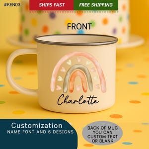 Personalized Kids Mug – Custom Name Enamel Cup with Rainbow Design, Cute Hot Chocolate Mug for Boys and Girls