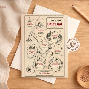 May include: A rectangular card featuring a fantasy-style map titled The Land of Our Dad. The map includes illustrations of mountains, forests, a lighthouse, and a winding path with labels like Ocean of Sacrifice, Mountains of Strength, and Forest of Wisdom.