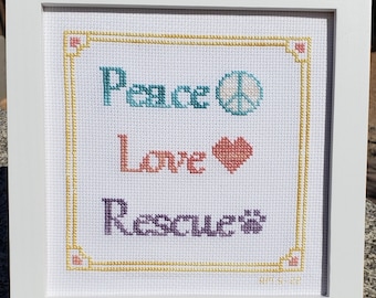 Peace, Love, Rescue Cross Stitch Chart, PDF download, two color versions