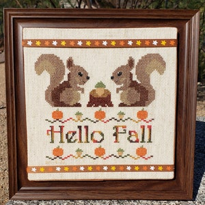 Hello Fall Cross Stitch Chart with decorated frame instructions, PDF download