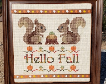 Hello Fall Cross Stitch Chart with decorated frame instructions, PDF download