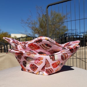Handmade Bowl Cozy Set, Tasty Desserts on pink background Bowl Cozy set of two, free shipping