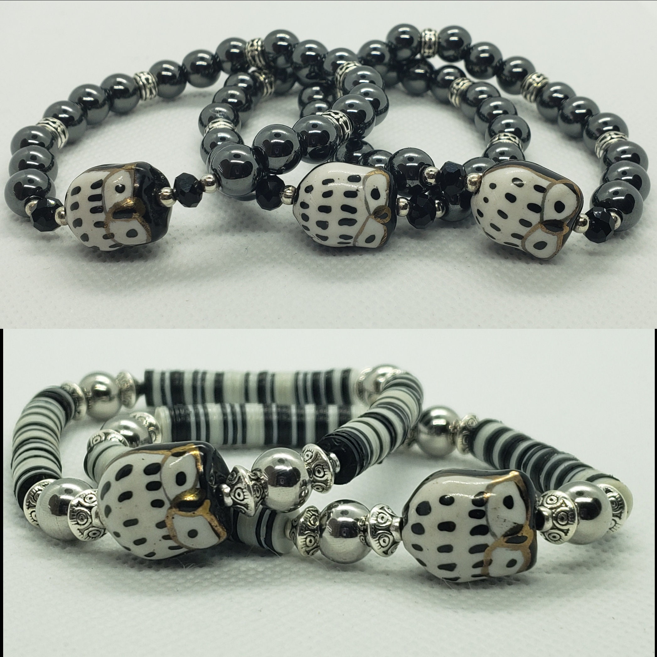 Black and White Owl Hematite or Vinyl Disc Stretch Bracelet