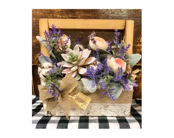 Succulent table arrangement, Lambs Ear decor, Farmhouse Centerpiece, rustic white arrangement, Lavender centerpiece