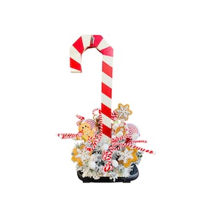 Gingerbread Candy Cane Christmas Centerpiece, Peppermint Holiday Mantle Decor, Red and White Table Arrangement