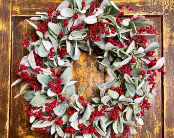 Farmhouse wreath, Grapevine Wreath, Twig Wreath, Lambs ear wreath, Grapevine wreath, modern farmhouse, Rustic Lambs Ear,  Red Berry Wreath