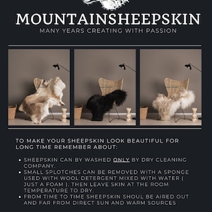 May include: Three sheepskin rugs are displayed on chairs. The rugs are in different colors: beige, black, and white. The text "MOUNTAINSHEEPSKIN" and "MANY YEARS CREATING WITH PASSION" is displayed above the rugs. The text below the rugs reads: "TO MAKE YOUR SHEEPSKIN LOOK BEAUTIFUL FOR LONG TIME REMEMBER ABOUT: &bull; SHEEPSKIN CAN BY WASHED ONLY BY DRY CLEANING COMPANY. &bull; SMALL SPLOTCHES CAN BE REMOVED WITH A SPONGE USED WITH WOOL DETERGENT MIXED WITH WATER ( JUST A FOAM). THEN LEAVE SKIN AT THE ROOM TEMPERATURE TO DRY. &bull; FROM TIME TO TIME SHEEPSKIN SHOUL BE AIRED OUT AND FAR FROM DIRECT SUN AND WARM SOURCES"
