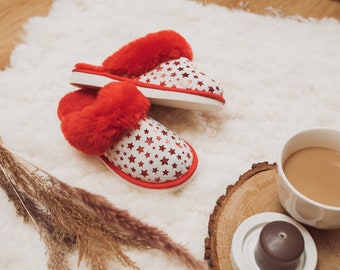 Soft slippers made of 100% sheepskin. Pattern Stars, Top quality, comfortable, perfect for a gift.