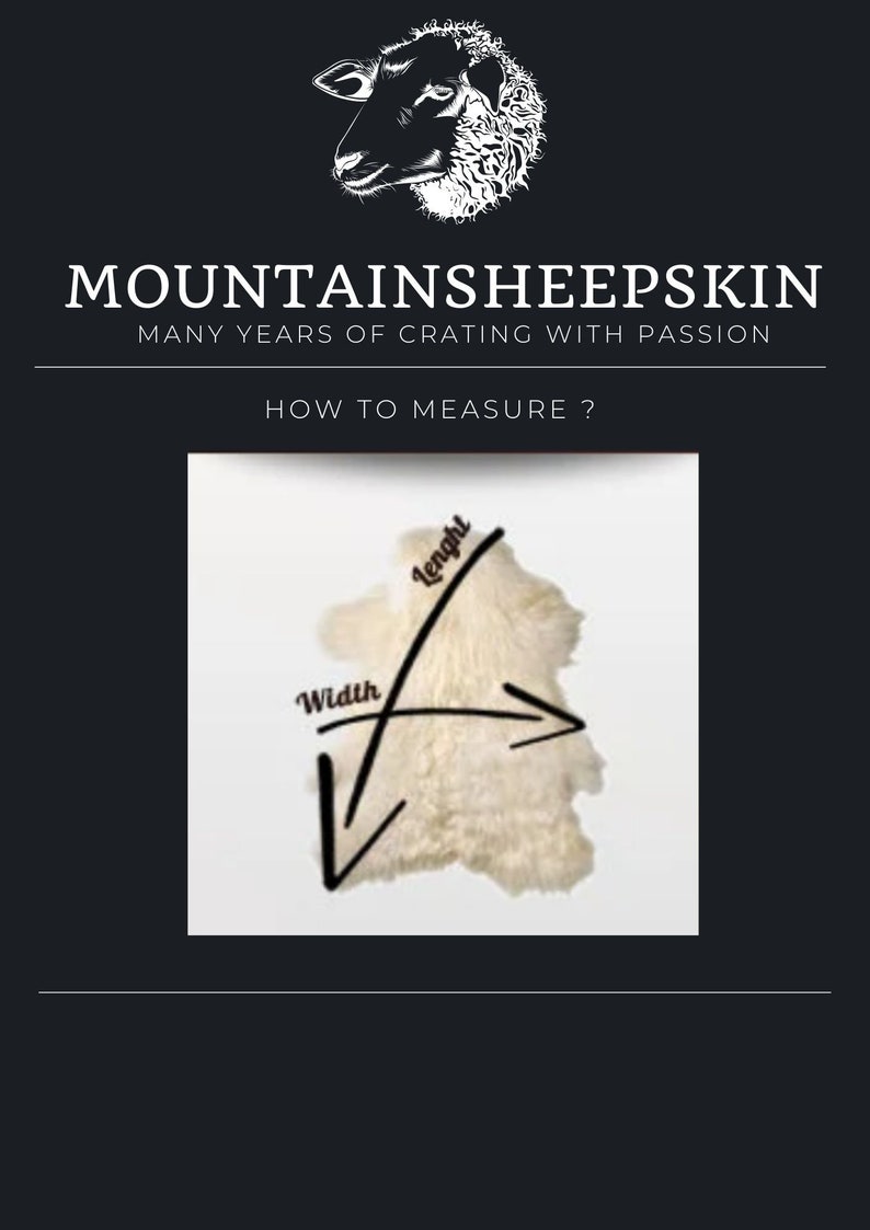 May include: Diagram showing how to measure the length and width of a sheepskin rug. The diagram shows a white sheepskin rug with black lines indicating the length and width measurements. The text "Length" and "Width" are written on the lines.