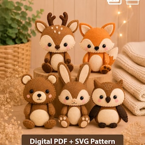 May include: Five felt animal plushies including a deer, fox, bear, rabbit, and owl. Each figure features stitched details, round black eyes, and pink cheeks. The image includes icons for PDF and SVG files and text reading Digital PDF + SVG Pattern.