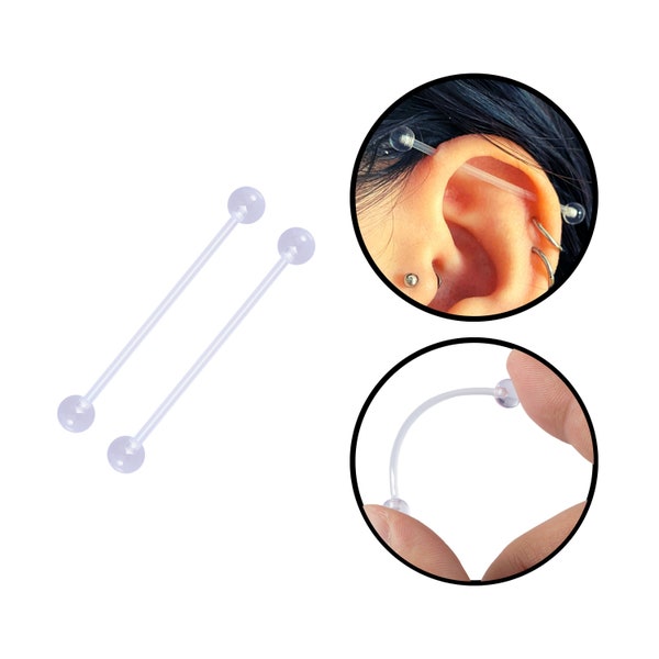 Invisible Clear Plastic Industrial Barbell Piercing. Industrial Ear Cartilage Retainers. Transparent  For Work, School, X-Ray Or Scans.