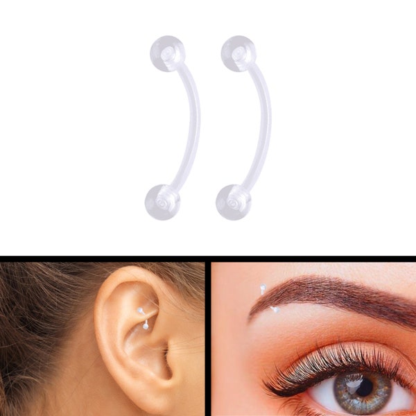 Invisible Clear Plastic Curved Barbell. Transparent In Colour Ear, Lip, Eyebrow Piercing For Work Or School. Acrylic Post With Screw On End