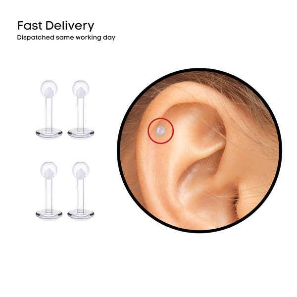 Invisible Clear Plastic Cartilage Screw On Stud. Transparent In Colour For Work School. Earring, Cartilage, Rook, Daith Piercing.