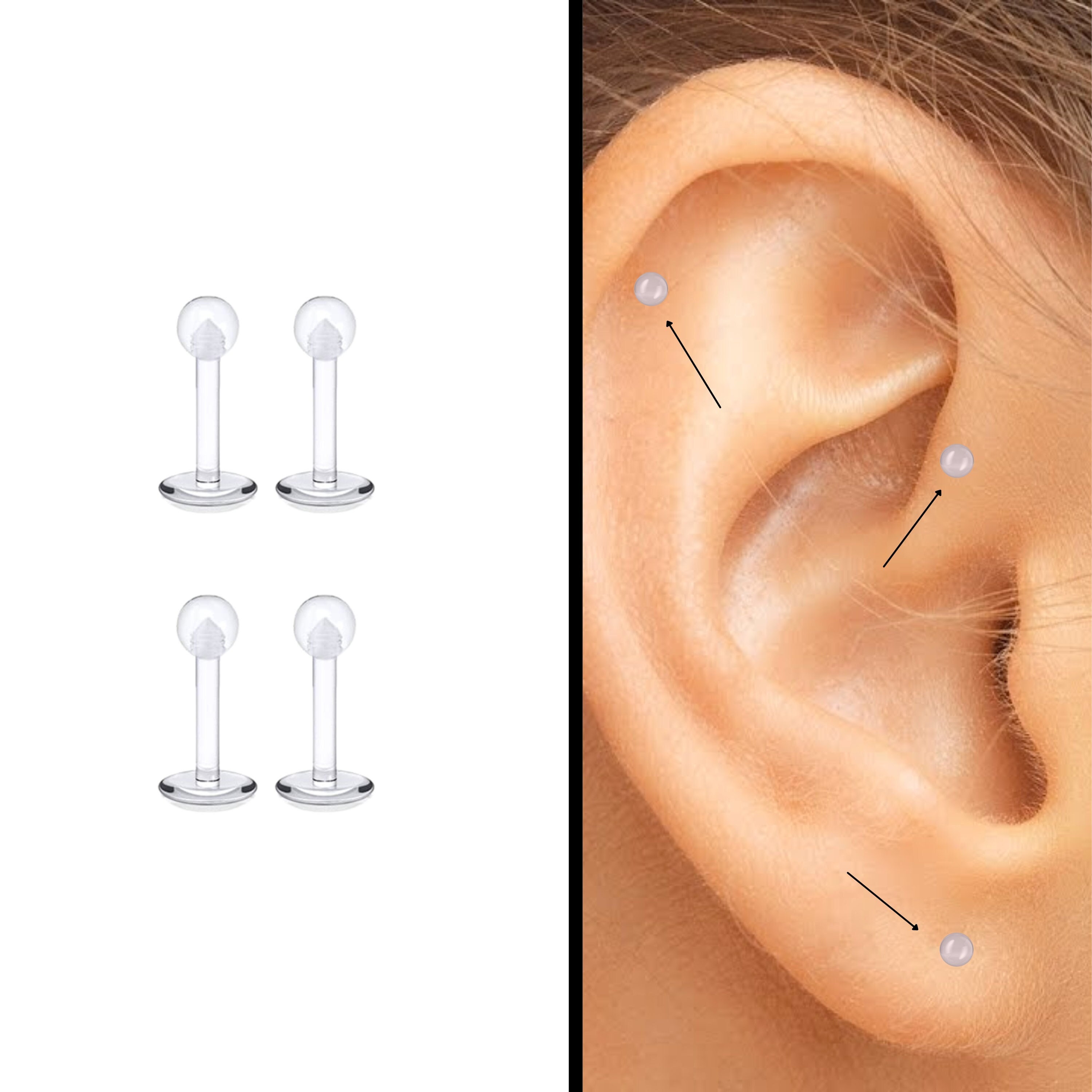 Clear Plastic Earrings For Sports, Clear Stud Earrings, Ball Invisible  Earring Posts For Sensitive Ears with Soft Rubber Earring Backs for Surgery  and