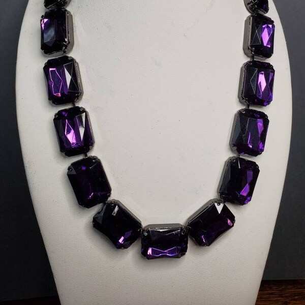 Joan Rivers Faux Amethyst Emerald Cut Lucite Chunky Statement Vintage 90s Necklace, Purple Gem Necklace Gift, Christmas Gift for Mother