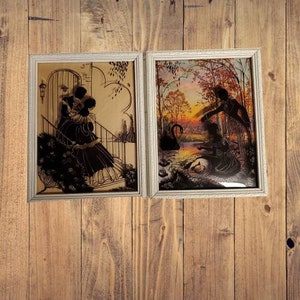 Vintage Victorian Silhouette Reverse Painted Convex Bubble Glass Framed Pictures, Set of 2  with 6.75x8.75 wood frames, man and woman images