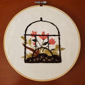 Floral Embroidery Art, Finished Flower Terrarium Hoop Wall Hanging, Hand Embroidered Home Decor, Framed Hoop Wall Art, Botanical Embroidery