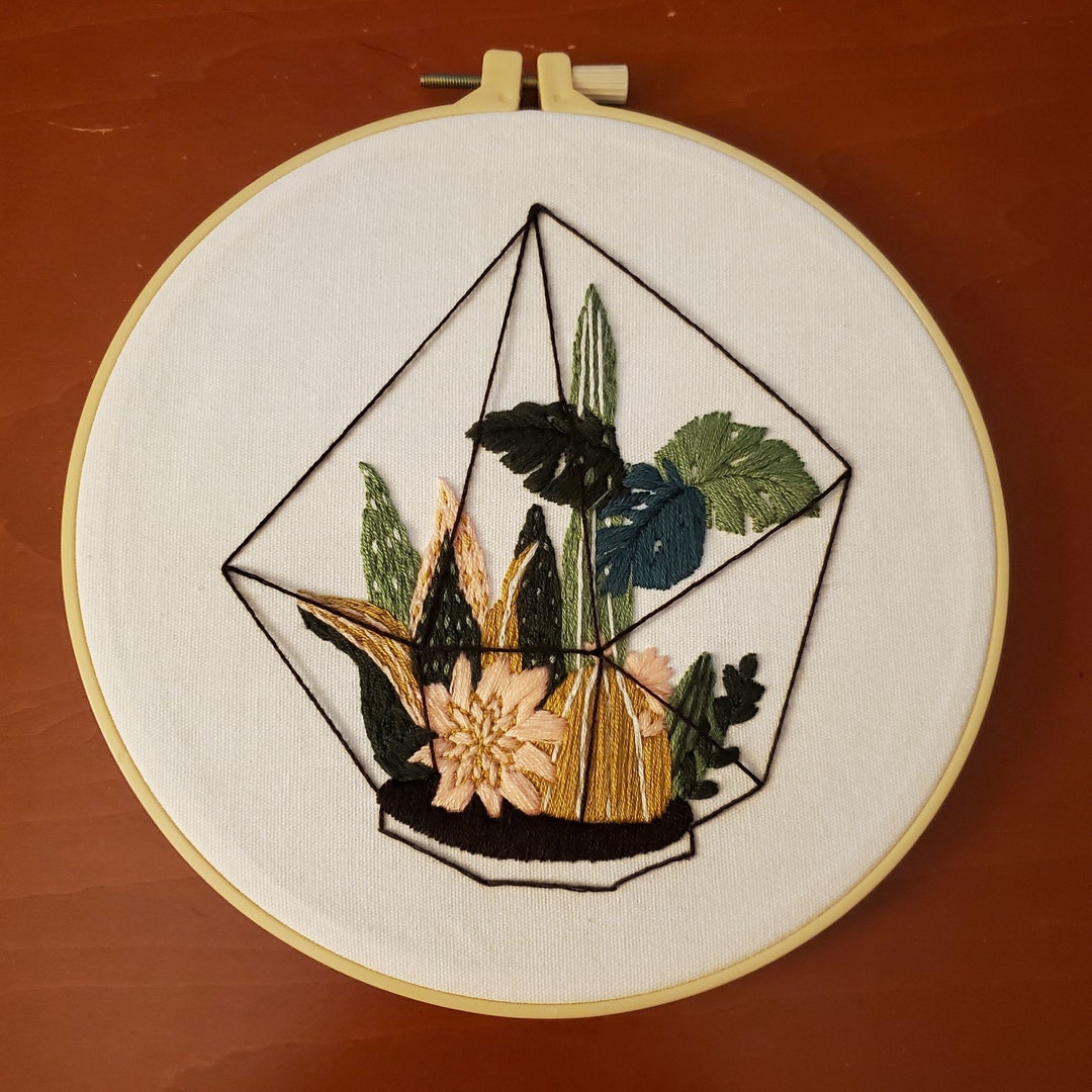 Cactus Embroidery Art, Finished Terrarium Flowers Hoop Wall Hanging ...