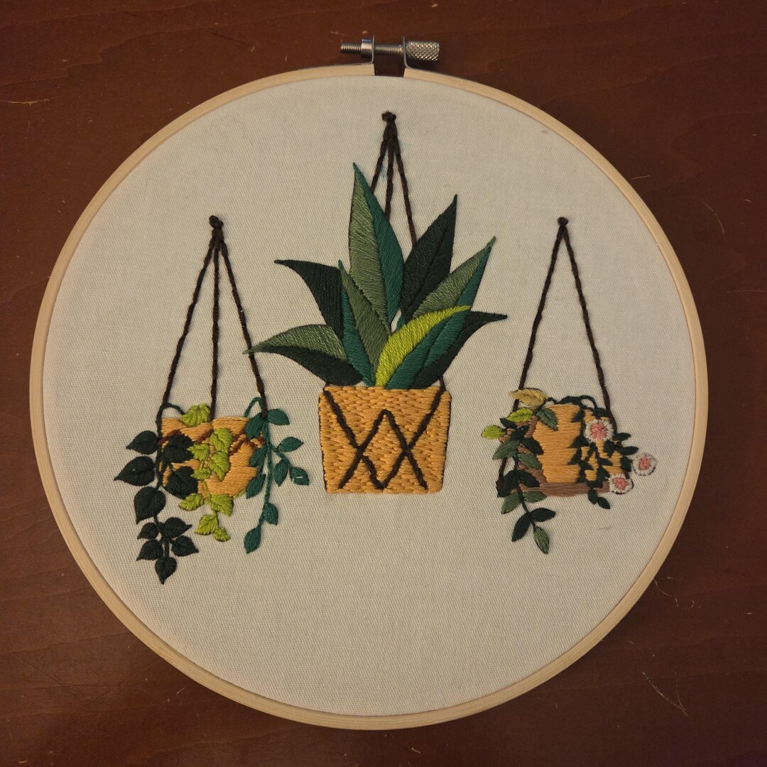 Floral Embroidery Art, Finished Hanging Plants Hoop Wall Hanging, Hand ...