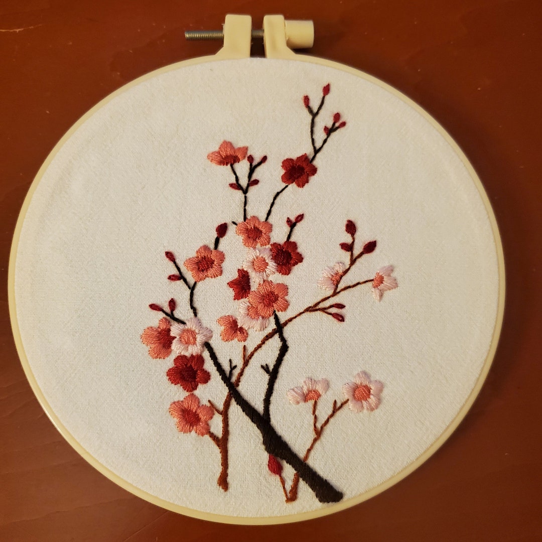 Cherry Blossom Embroidery, Finished Pink Flowers Hoop Wall Hanging ...