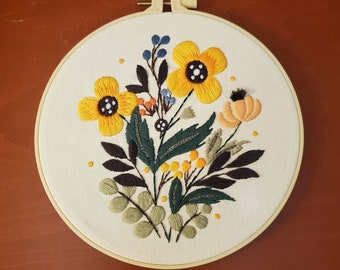Floral Embroidery Art, Finished Orange Flowers Hoop Wall Hanging, Hand Embroidered Home Decor, Framed Hoop Wall Art. Botanical Embroidery