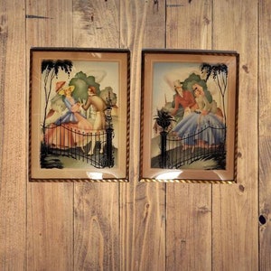 Vintage Victorian Style Silhouette Reverse Painted Convex Bubble Glass Framed Pictures, Set of 2 printed background with 6 x 8 metal frames