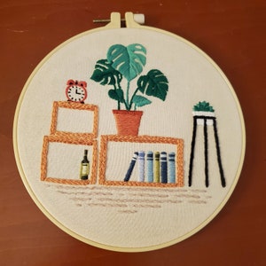 Unique Gift Embroidery Art, Finished Home Scene Hoop Wall Hanging, Hand Embroidered Home Decor, Framed Hoop Wall Art. Botanical Embroidery