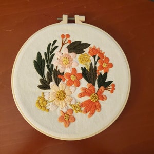 Floral Embroidery Art, Finished Assorted Flowers Hoop Wall Hanging, Hand Embroidered Home Decor, Framed Hoop Wall Art, Botanical Embroidery