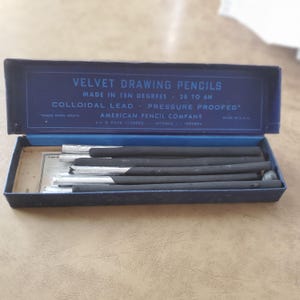 Vintage Velvet Drawing Pencil Box with 14 Charcoal Drawing Sticks