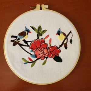 Bird Embroidery Art, Finished Bluejays in Tree Hoop Wall Hanging, Hand Embroidered Home Decor, Framed Hoop Wall Art, Botanical Embroidery