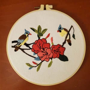 Floral Embroidery Art, Finished Bluejay Birds Hoop Wall Hanging, Hand Embroidered Home Decor, Framed Hoop Wall Art. Botanical Embroidery